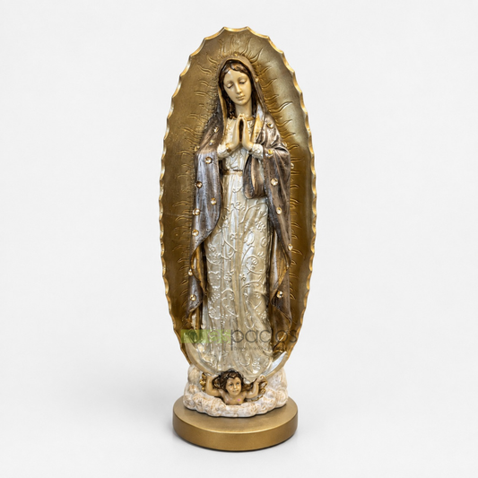 Virgen de Guadalupe Estilo Clásico con Pedrería – Escultura Religiosa de Alta Gama